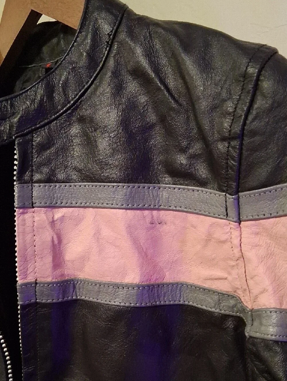 Kids Black and Pink Moto-Style Puffer Jacket 100% Leather